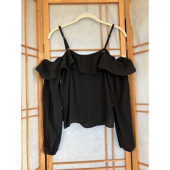 NWT BEBE L/S Off Shoulder Top, XSmall Blouse w/ Detach Straps Black MSRP $69 - Picture 7 of 9